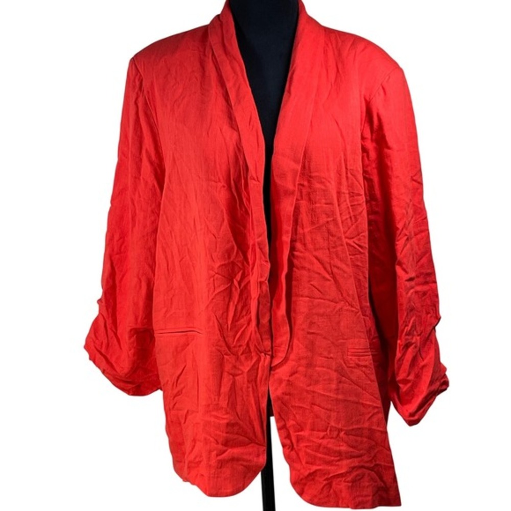 Entro Red Linen Blend Ruched Sleeve Open Front Blazer Jacket‎  Womens 1X beach